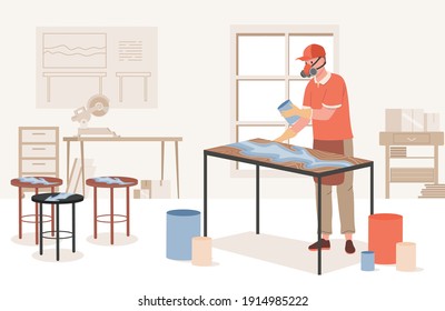 Young man wearing protective face mask and filling wooden table with acrylic vector flat illustration. Foreman making modern fashionable furniture, desk and chairs. Furniture workshop interior design.