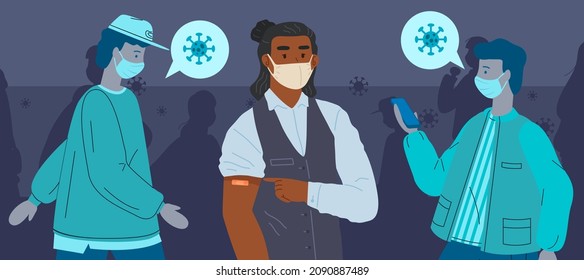 Young man wearing protective mask showing his arm with bandage after receiving covid-19 vaccine. Concept of vaccination, health, spread of vaccine, healthcare, call of fight against coronavirus