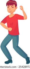 Young man wearing a red t shirt and blue pants is fully engaged in dancing, moving his body rhythmically with a joyful and happy expression on his face