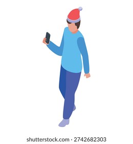Young man wearing a santa hat is walking and looking at his smartphone