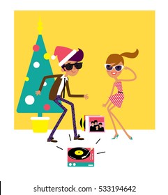 Young man wearing santa hat and woman dancing at christmas party. Vinyl recorder playing rock and roll. Vector illustration.