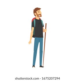 Young Man Wearing Sportive Clothes Standing with Hiking Backpack on the Road Vector Illustration