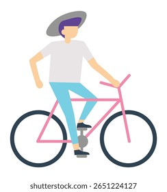Jovem vestindo um chapéu elegante monta uma vibrante bicicleta rosa, desfrutando de uma viagem tranquila pela cidade com roupas casuais, incorporando um estilo de vida despreocupado e ativo