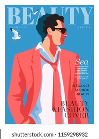 Young man wearing suit, tie and sunglasses. Sky background with gulls. Fashion magazine cover design for the summer holiday season. Vector illustration