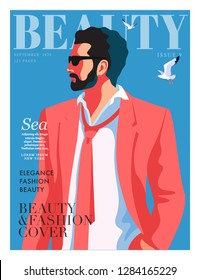 Young man wearing suit, tie and sunglasses. Sky background with gulls. Fashion magazine cover design for the summer holiday season. Vector illustration