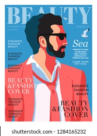 Young man wearing suit, tie and sunglasses. Sky background with gulls. Fashion magazine cover design for the summer holiday season. Vector illustration