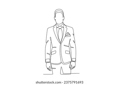 A young man wearing a suit and tie . Tuxedo one-line drawing