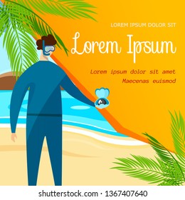 Young Man Wearing Suit for Underwater Snorkeling and Mask Holding Beautiful Shell with Pearl inside on Tropical Ocean Beach with Palm Trees Background. Cartoon Flat Vector Illustration. Square Banner.