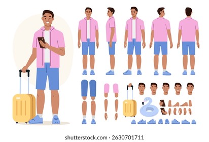 Young man wearing summer clothes holding travel baggage. Character constructor for animation. Front, side and back view set. Body parts, postures, poses collection. Vector illustration.