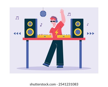 Young man wearing sunglasses dancing and mixing music in a club, party vibe. Design character. Vector flat illustration