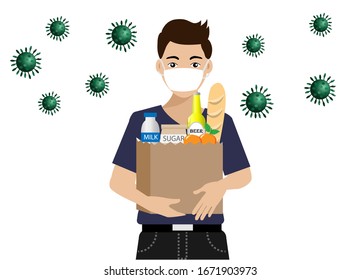 Young man wearing surgical mask holding grocery bag full of food products, corona virus diseases  (COVID-19) around. Idea for COVID-19 outbreak effect to people's living lifestyle. Vector Illustration