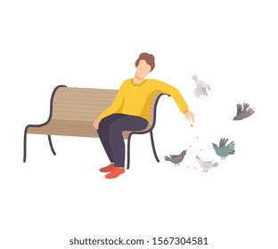 Young Man Wearing Sweater and Sitting on Bench Feeding Pigeons Dropping Crumbles on the Ground Vector Illustration