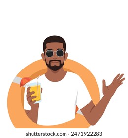 Young man wearing swim shorts, life buoy, sunglasses drinking coctail or orange juice. Flat vector illustration isolated on white background