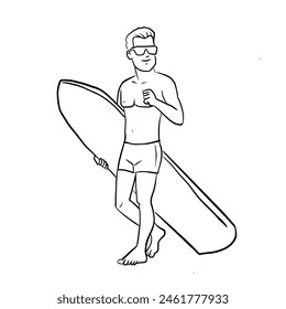 A young man wearing swimming trunks and taking off his shirt is walking with a surfboard.wear glasses.Vector illustration isolated on white.
