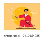 Young man wearing traditional clothes and samurai sword, old figther culture in Japan. Character design. Vector flat illustration