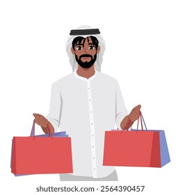 Young man Wearing Traditional Clothes Holding Colorful Shopping Bags. Flat Vector character illustration