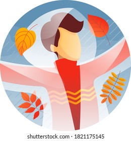 A young man wearing a transparent raincoat walks surrounded by autumn leaves in a rainy day. Flat gradient minimal round illustration.