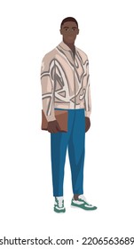 Young man wearing trendy modern street fashion outfit standing full length. Handsome stylish guy in trendy clothes - cardigan and sneakers. Cartoon character vector realistic illustration isolated .