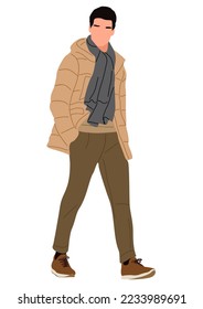 Young man wearing trendy modern street style winter outfit. Handsome guy in warm jacket and scarf. Street fashion men vector illustration isolated on white background.