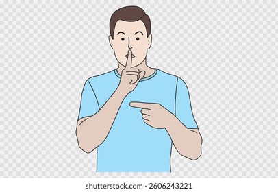 A young man wearing a t-shirt looks confident with his finger on his lips and smiling isolated on transparent background