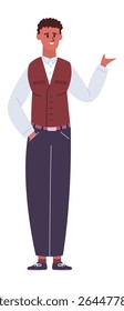 Young man wearing uniform and showing something with hand gesture, standing pose, full length portrait, flat vector illustration isolated on white background