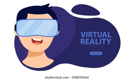 Young man wearing virtual or augmented reality glasses. Boy using VR headset for education or games. Vector illustration