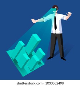 Young man wearing virtual reality headset and getting into vr world. Man developing a project of the city architecture using virtual reality glasses. Vector flat design illustration. Square layout.