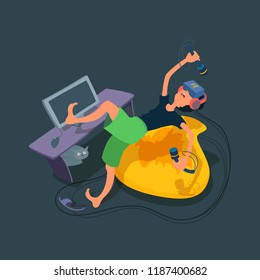 Young man wearing a virtual reality helmet, falls. Gamer holding controller in his hands. Boy's room, beanbag, table, computer. Funny cartoon vector illustration. Flat design style on dark background.