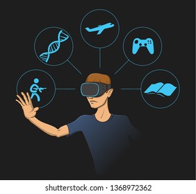 Young man wearing virtual reality head-set with virtual items around him. Flat vector illustration on black background.