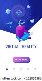 Young man wearing virtual reality headset sits in a lotus position. Design concept for mobile application landing page or advertising banner for website. Isometric vector illustration