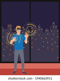 Young man wearing virtual reality glasses in the living room at home. Smiling man using VR goggles headset to move object. Vector illustration design.