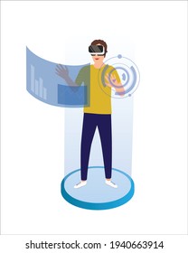 Young man wearing virtual reality glasses on platform. Smiling man using VR goggles headset to move object on white background. Vector illustration design.
