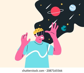 Young man wearing virtual reality goggles and seeing the cosmic landscape. Vector illustration
