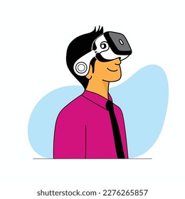 A Young man wearing a virtual reality headset glasses vector illustration. Meta verse digital cyber world technology character drawing for web banner.
