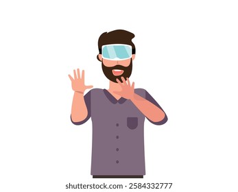 young man wearing virtual reality headset vector, illustration.