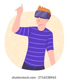 Junger Mann trägt das Virtual Reality Headset für VR Technology Concept Illustration