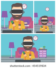 Young man wearing virtual reality headset and holding motion controllers in hands. Hipster man playing video games in apartment. Vector flat design illustration. Square, horizontal, vertical layouts.