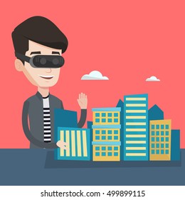 Young man wearing virtual reality headset and getting into vr world. Man developing a project the architecture of the city using virtual reality glasses. Vector flat design illustration. Square layout