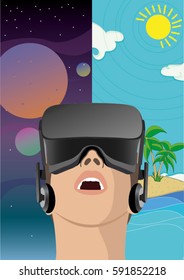 young man wearing virtual reality headset and travel to space or summer holiday