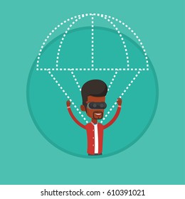 Young man wearing virtual reality glasses and flying with parachute. Man in vr headset having fun while flying in virtual reality. Vector flat design illustration in the circle isolated on background.