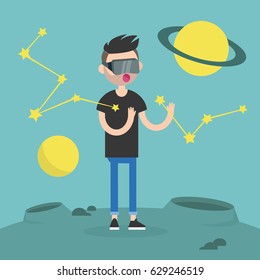 Young man wearing virtual reality glasses surrounded by planets and stars / flat editable vector illustration, clip art