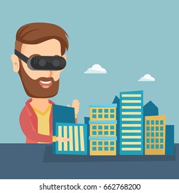 Young man wearing virtual reality headset and getting into vr world. Man developing a project of the city architecture using virtual reality glasses. Vector flat design illustration. Square layout.