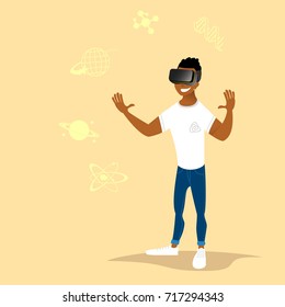 Young man wearing virtual reality goggles. VR headset technology, vr glasses. Cartoon stylized vector illustration for computer gaming, education, communication, business in 3d vertaul reality space.