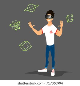 Young man wearing virtual reality goggles. VR headset technology, vr glasses. Cartoon stylized vector illustration for VR gaming, education, business.