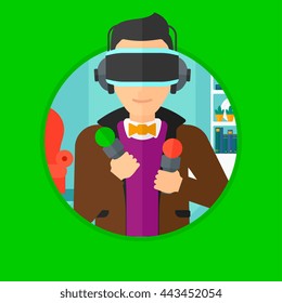 Hombre joven con un casco de realidad virtual y con controladores de movimiento en las manos. Hombre jugando videojuegos en el apartamento. Ilustración de diseño plana vectorial en el círculo aislado en el fondo.