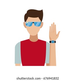 young man wearing vr glasses and smartwatch technology