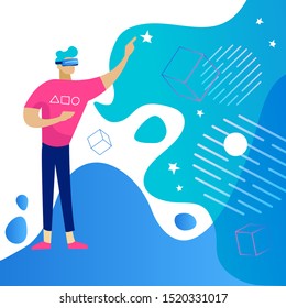 Young man wearing VR headset and touching virtual reality. Augmented Gadget interface for entertainment, technology device for virtual payment or online games. Vector flat illustration