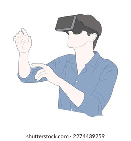 The young man wearing a VR headset and experiencing virtual reality