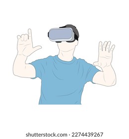 The young man wearing a VR headset and trying a new experience on white background