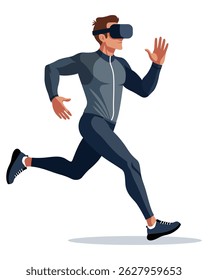 Young man wearing VR headset running in virtual reality workout training cyberspace